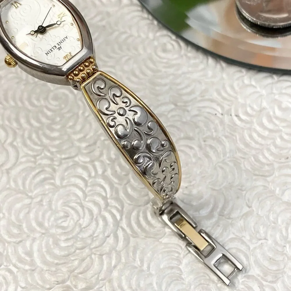 Anne Klein Two-Tone Tonneau Case Bracelet Watch Textured Dial Roman Numerals